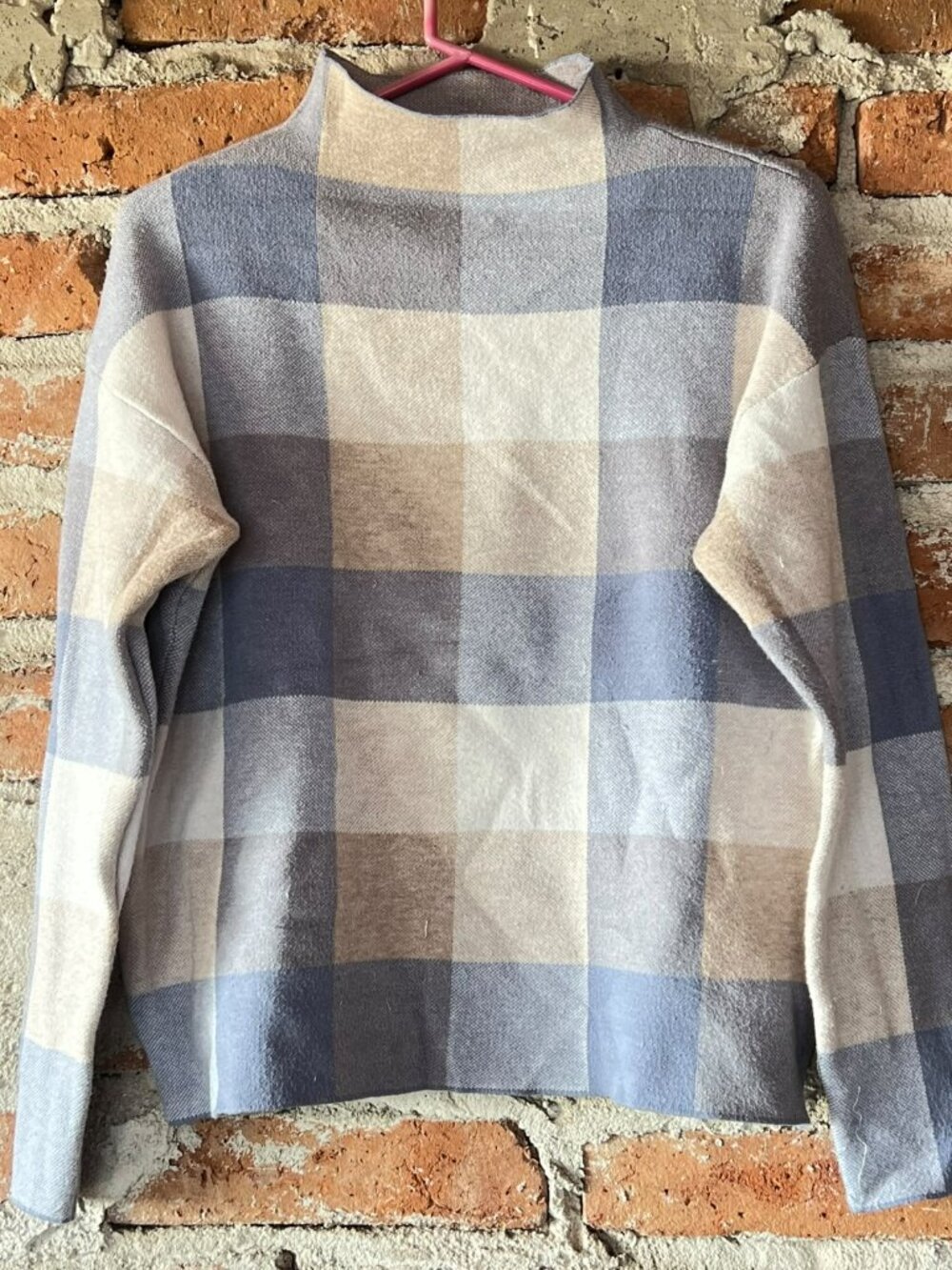 Tahari Plaid Plaid Mock Neck Knit Sweater Blue Beige Medium